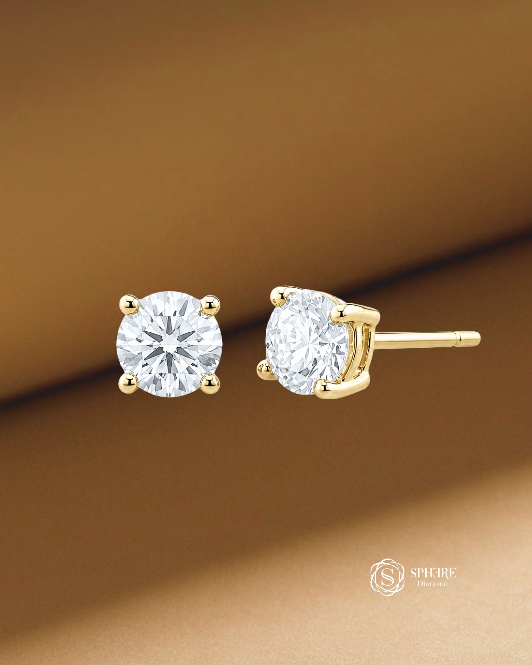 Celeste Round Lab Grown Diamond Stud Earrings in Yellow Gold by Sphere Diamond Bangkok Thailand