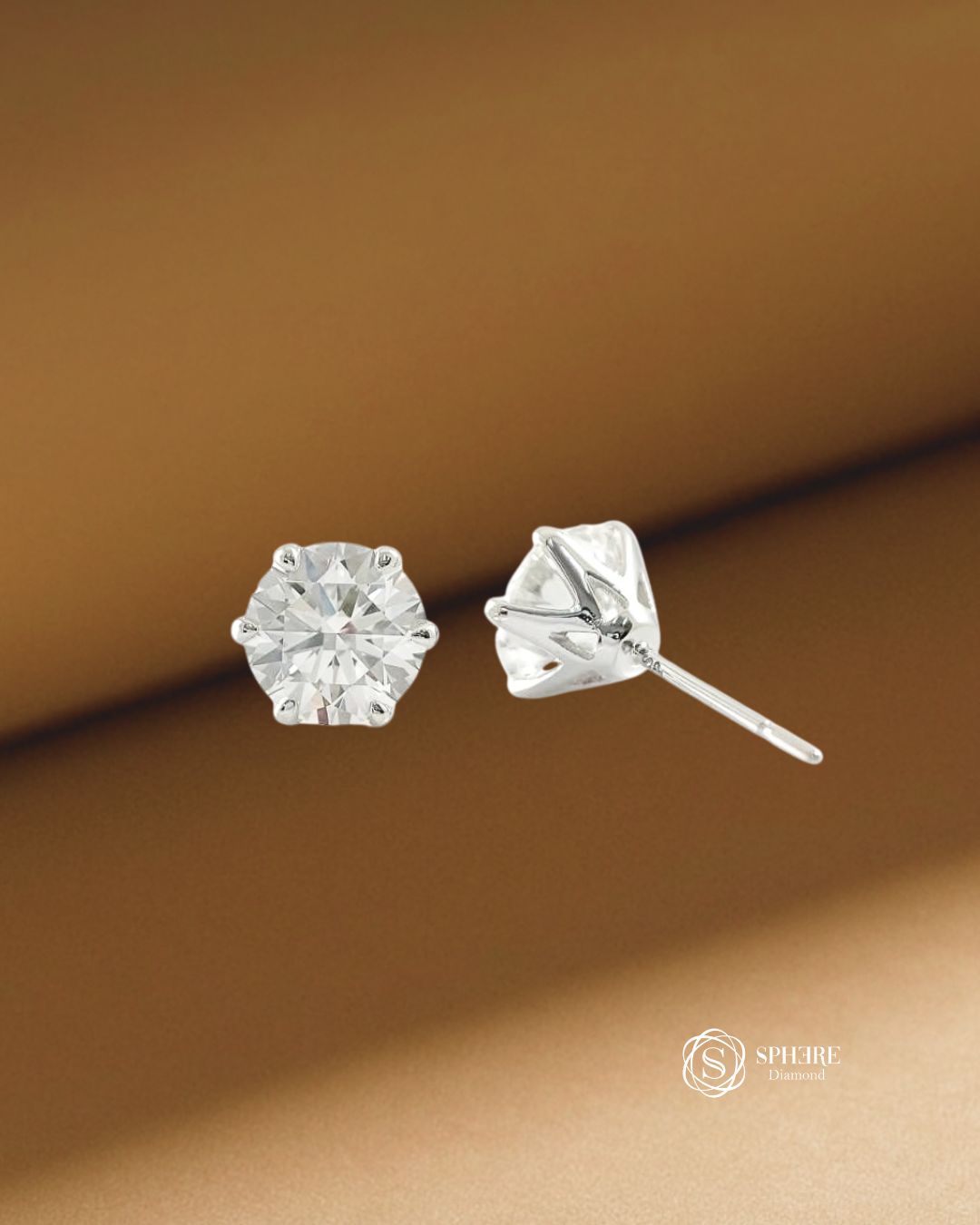Classic Round Cut Lab Grown Diamond Six-Prong Stud Earrings in 18K White Gold by Sphere Diamond Bangkok Thailand