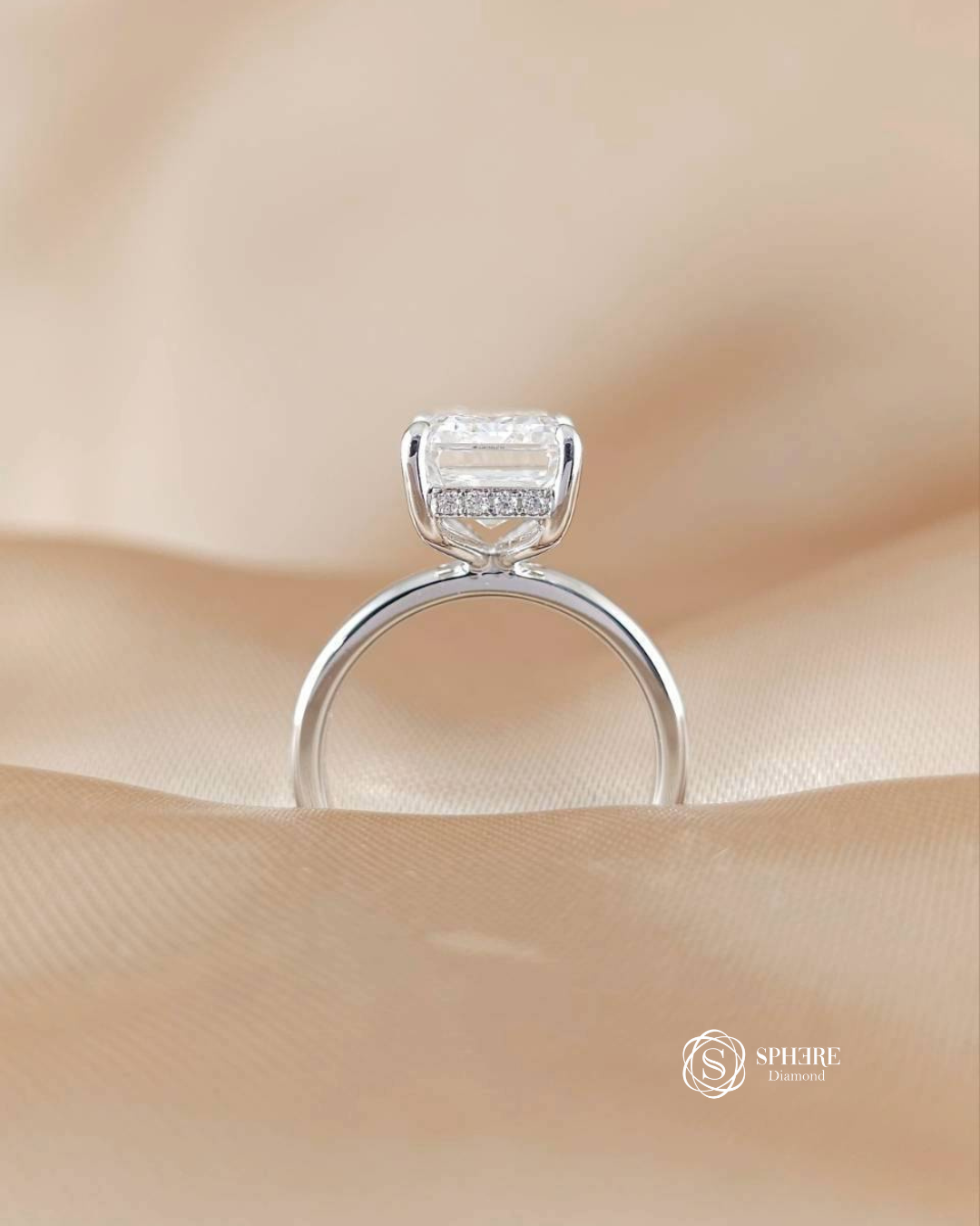 Emerald Solitaire Diamond Ring with Hidden Halo