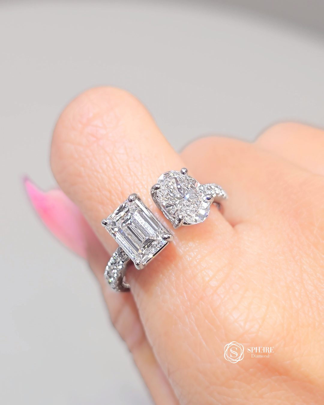Emerald cut and Oval cut Diamond Pave Cuff Ring