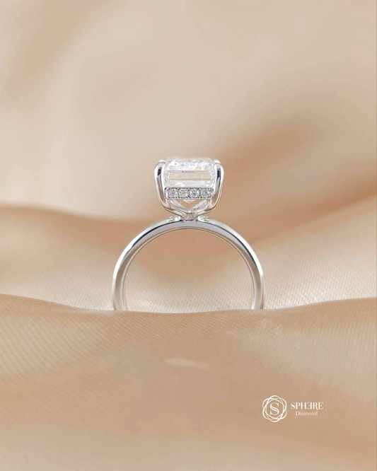 Side view of Emerald lab grown diamond hidden halo solitaire engagement ring | IGI Certified | Sphere Diamond Bangkok