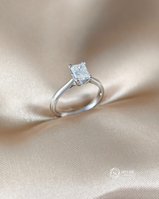 Elegant emerald cut lab grown diamond solitaire ring in white gold by Sphere Diamond Bangkok