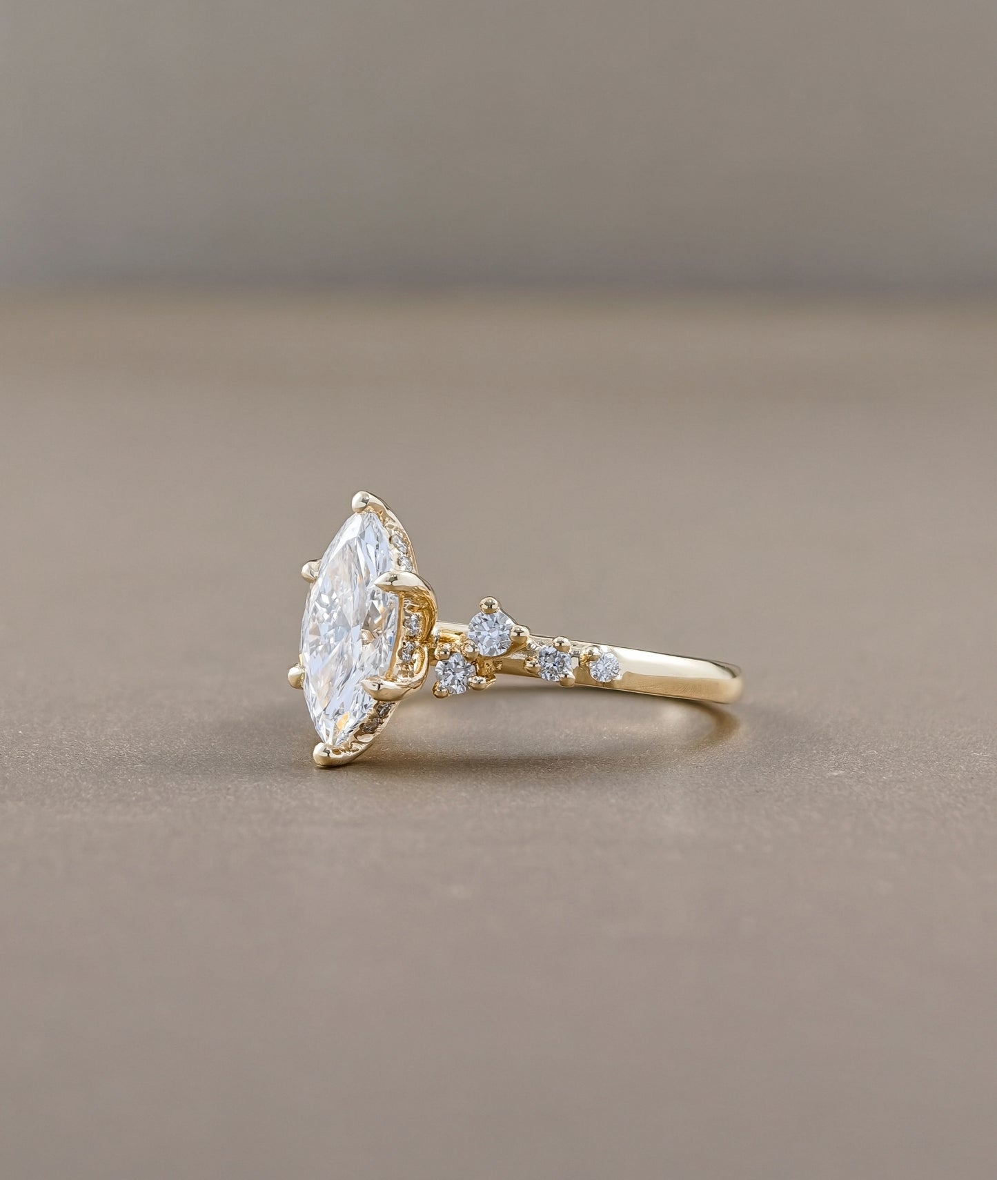 Yellow Gold Marquise Lab Grown Diamond Ring with leaf inspired accents