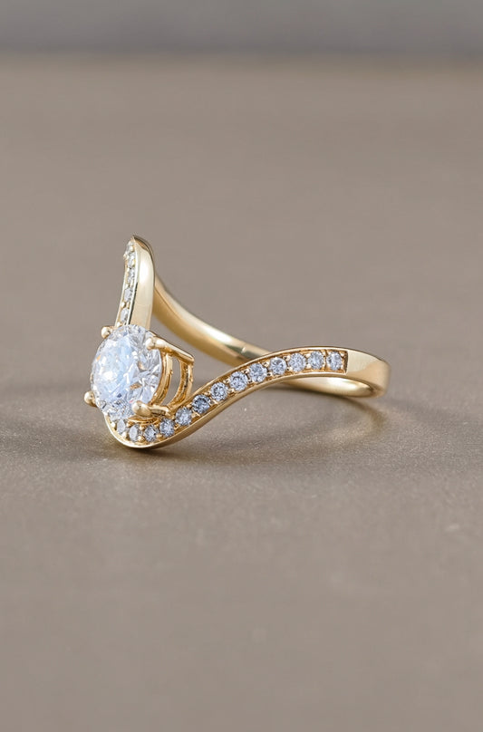 round cut diamond lab gown on pave curve ring yellow gold