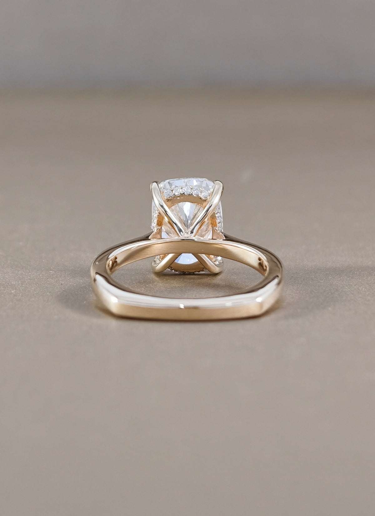 Hidden Halo Cushion Cut Lab Grown Diamond Ring Yellow Gold Back View