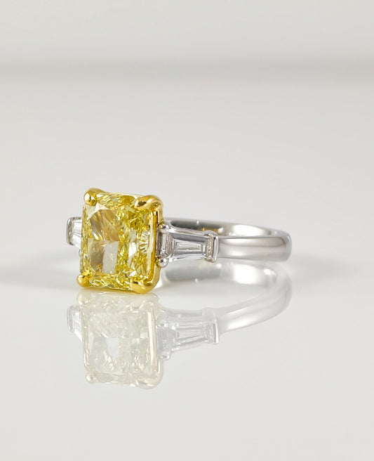 Fancy Yellow Radiant Cut Lab Grown Diamond Engagement Ring with Tapered Baguettes | IGI Certified