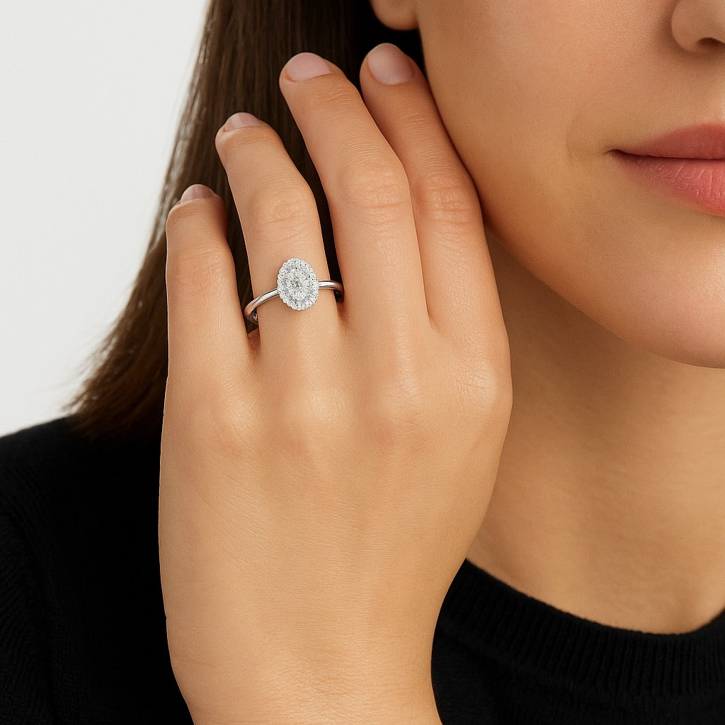 Oval Diamond Halo Ring With Plain Band