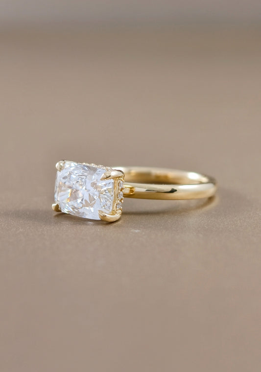 Side view of Aria East-West Cushion Lab Grown Diamond Engagement Ring with IGI Certified diamond by Sphere Diamond Bangkok