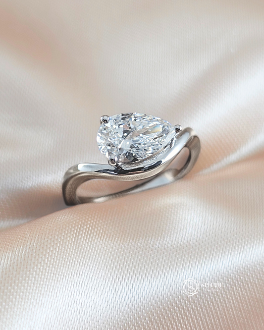 Side angle of Aurelia pear lab grown diamond bypass engagement ring | Sphere Diamond Bangkok