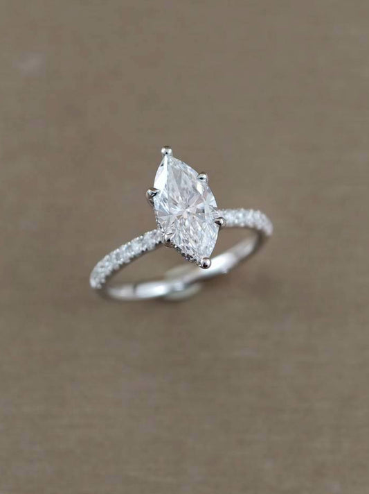 Angled view of Marquise Lab Grown Diamond Pavé Solitaire Engagement Ring in White Gold | Sphere Diamond Bangkok