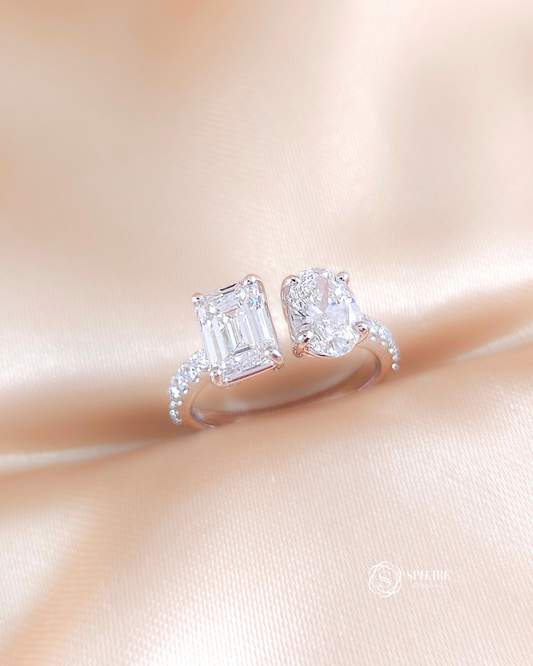 Luxury Emerald and Oval Lab Grown Diamond Toi et Moi Ring with Pavé Band | IGI Certified Bangkok