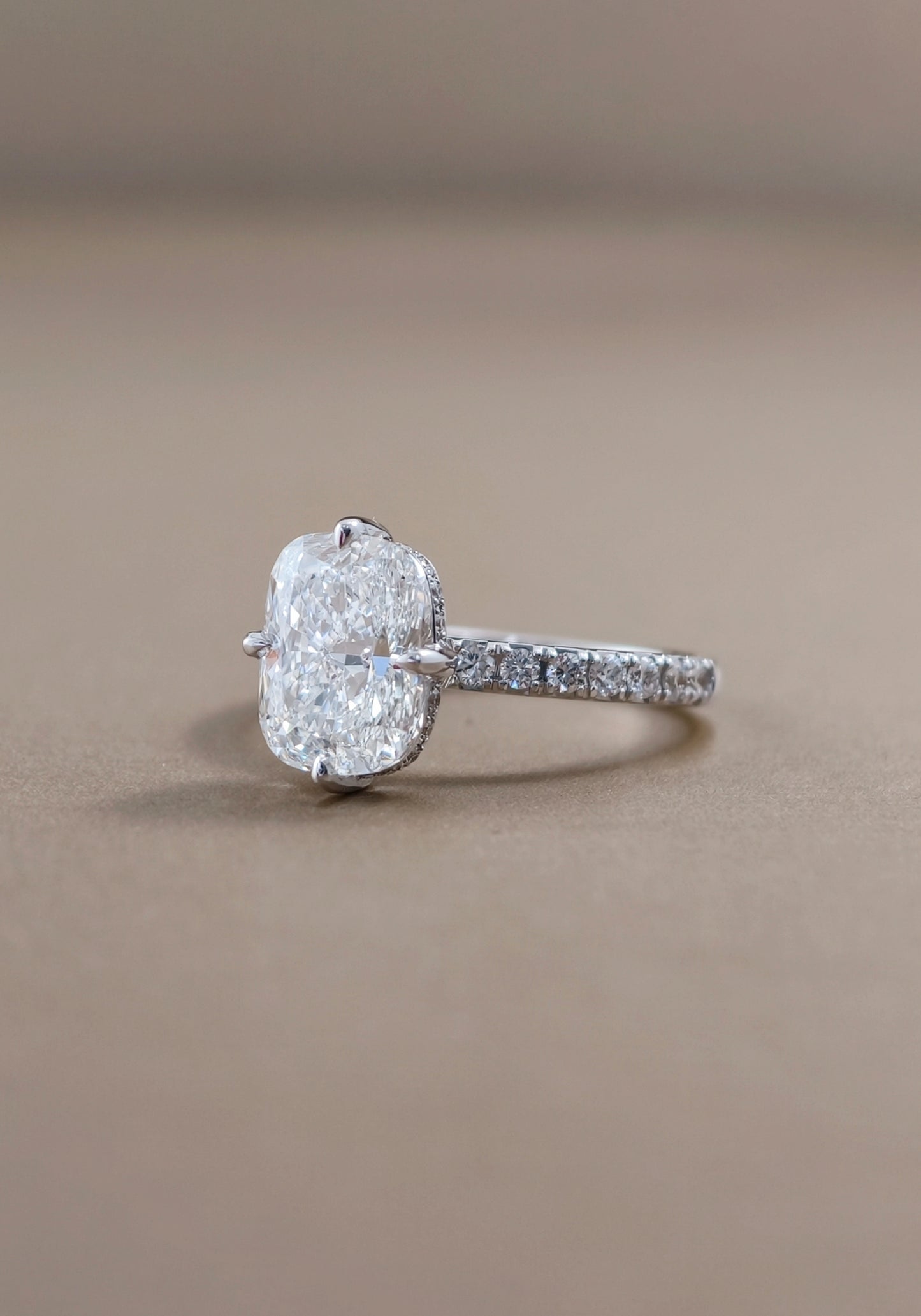 Side profile of Cushion Lab Grown Diamond Hidden Halo Pavé Engagement Ring with hidden halo in Bangkok | Sphere Diamond