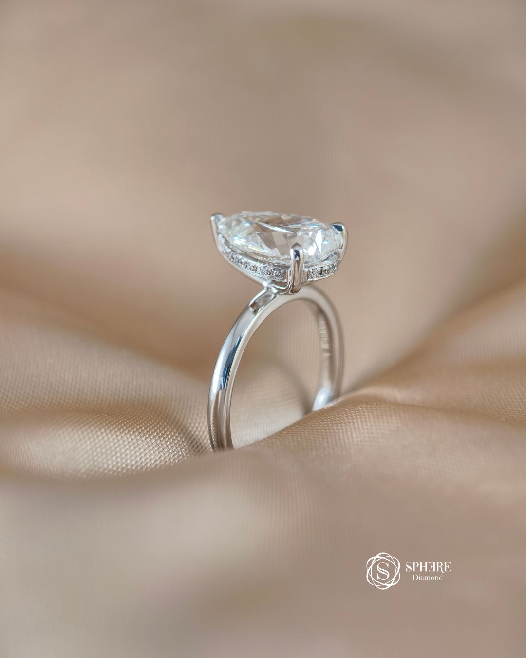 IGI Certified Pear Lab Grown Diamond Hidden Halo Engagement Ring Side Profile Bangkok | Sphere Diamond
