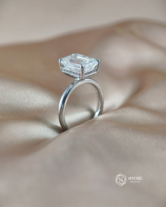 Side profile of Radiant lab grown diamond hidden halo engagement ring in Bangkok | Sphere Diamond