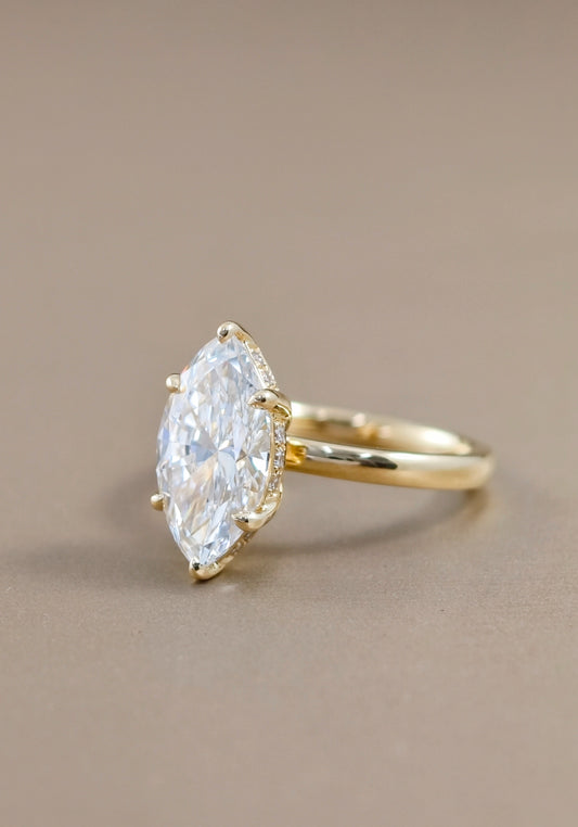 Front view of Marquise Lab Grown Diamond Hidden Halo Solitaire Engagement Ring in Yellow Gold | IGI Certified | Sphere Diamond Bangkok