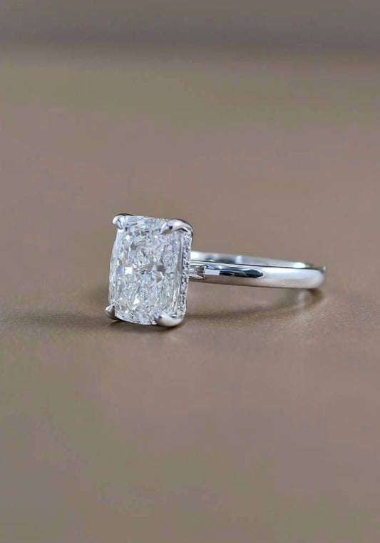 Side view of IGI Certified Cushion Lab Grown Diamond Hidden Halo Solitaire Engagement Ring by Sphere Diamond Bangkok
