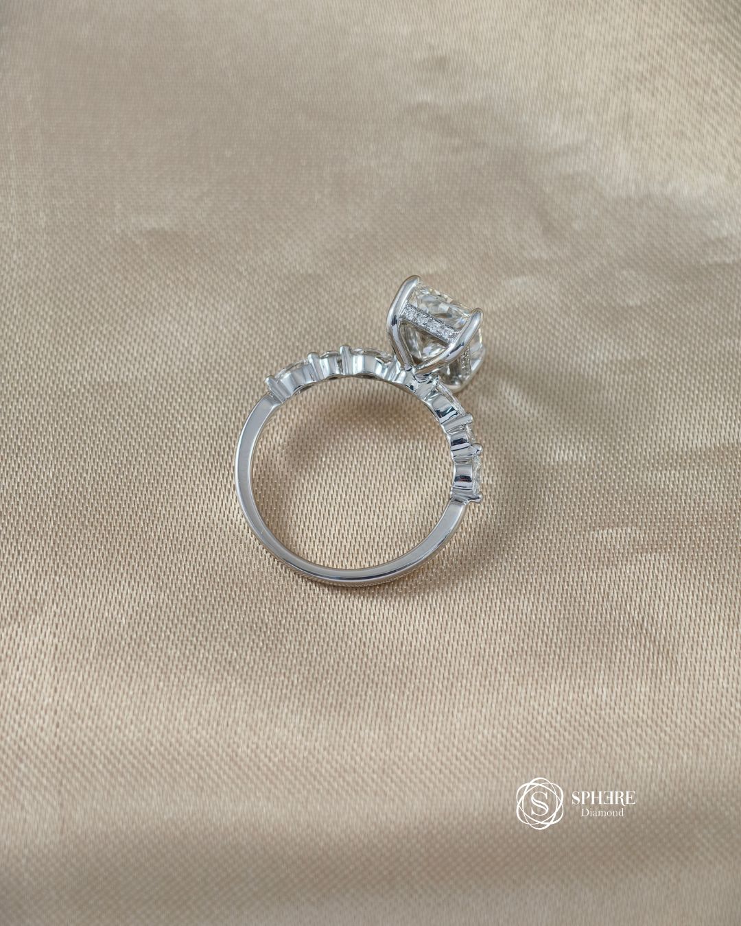 Side profile of Radiant IGI Certified Lab Grown Diamond engagement ring with elegant accent band