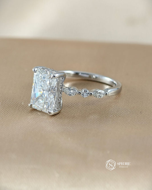 45 degree view of Radiant Lab Grown Diamond engagement ring with marquise accent diamonds | Sphere Diamond Bangkok