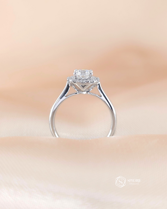 Side profile of Liora Round Lab Grown Diamond Halo Pavé Engagement Ring handcrafted in 18K White Gold by Sphere Diamond