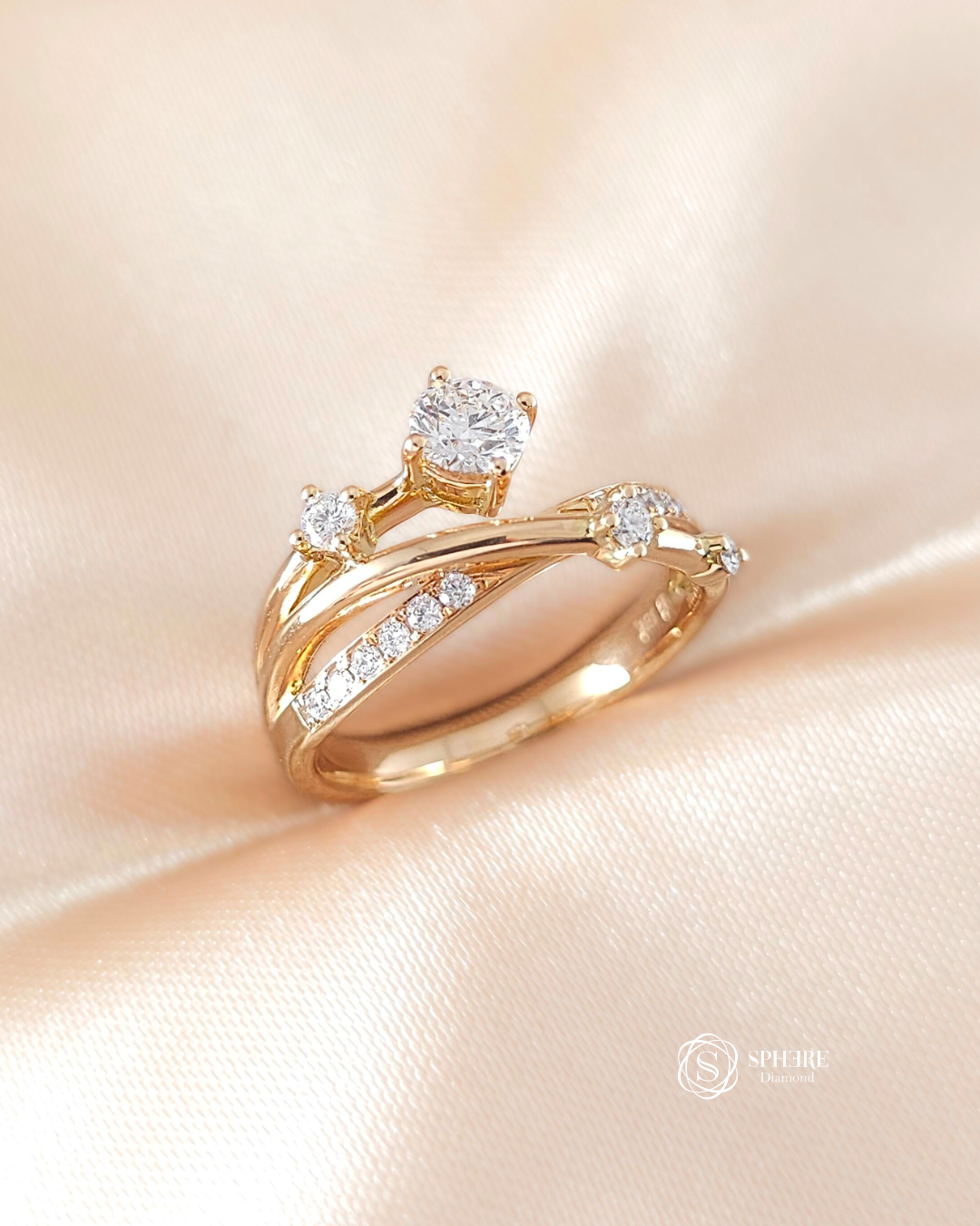 Angled view of Loren Round Lab Grown Diamond Twist Pavé Engagement Ring handcrafted by Sphere Diamond Bangkok with IGI Certified Lab Grown Diamond
