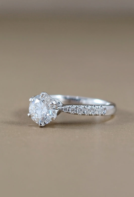 Six prong lab grown diamond ring with pave setting