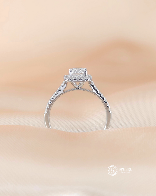 Side view of Sephera Round Brilliant Lab Grown Diamond Cushion Halo Pavé Engagement Ring handcrafted in 18K White Gold