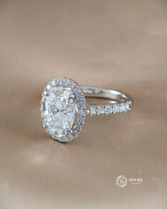 Side view of Seraphina Oval Halo Lab Grown Diamond Engagement Ring with pavé band in 18K White Gold by Sphere Diamond Thailand