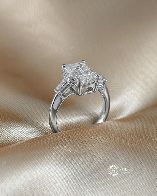 Side profile of Emerald Lab Grown Diamond Engagement Ring with Tapered Baguette Side Stones | IGI Certified