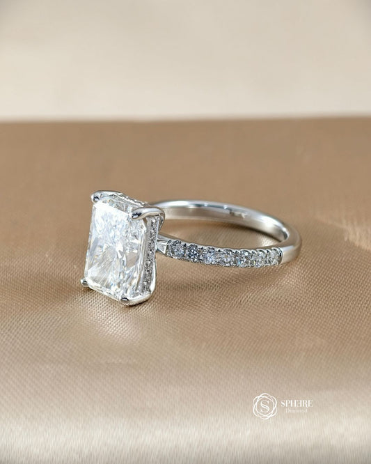 Side view of Signature Eiffel Love Radiant Lab Grown Diamond Engagement Ring featuring an IGI Certified Radiant Cut Diamond and pavé band | Sphere Diamond
