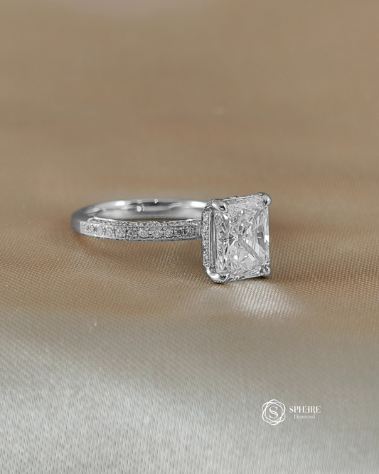 Side profile of Radiant Lab Grown Diamond Three-Sided Pavé Engagement Ring | Sphere Diamond Bangkok