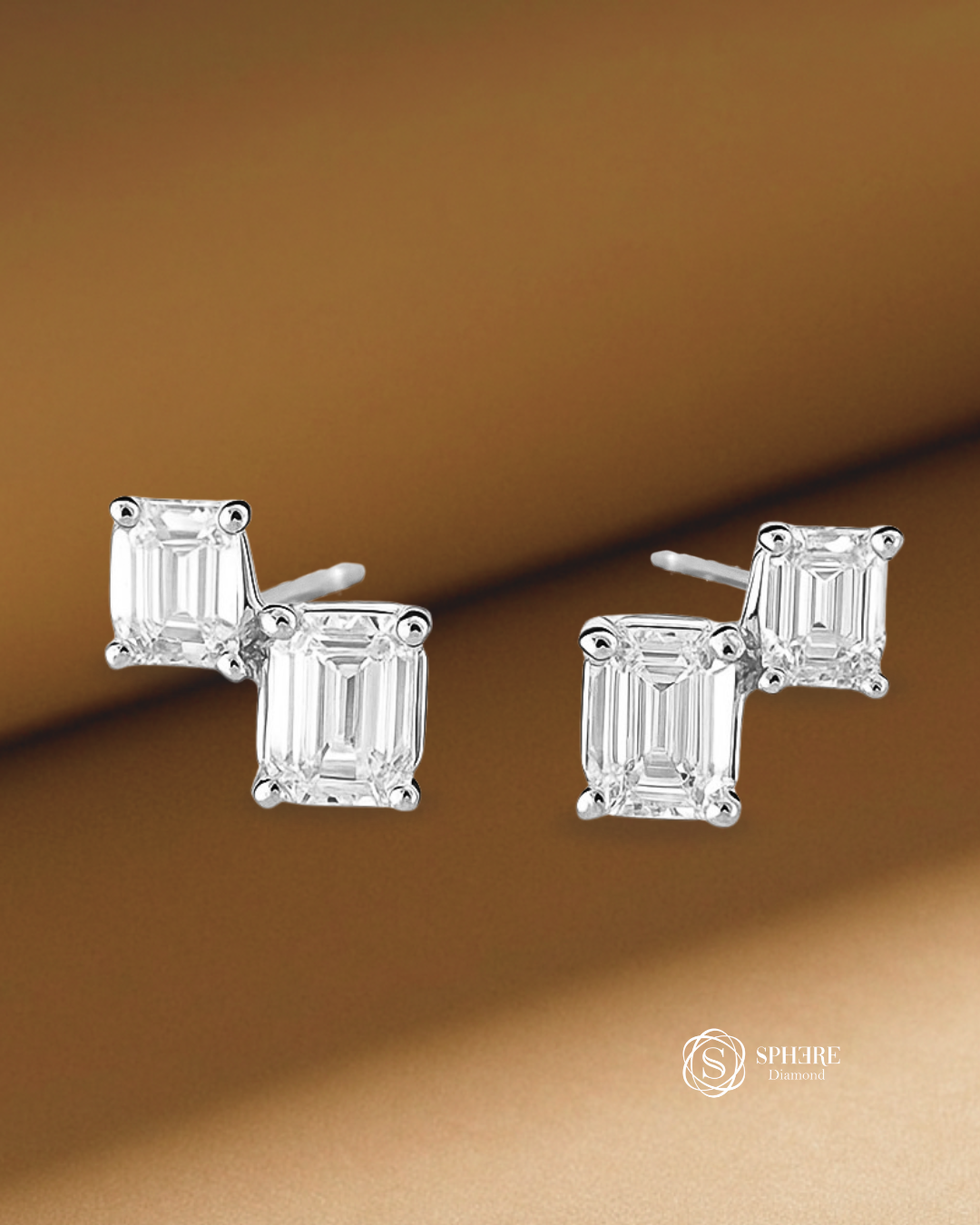 Stella Toi et Moi Emerald Lab Grown Diamond Stud Earrings with IGI Certified Emerald Cut diamonds in 18K gold by Sphere Diamond Bangkok