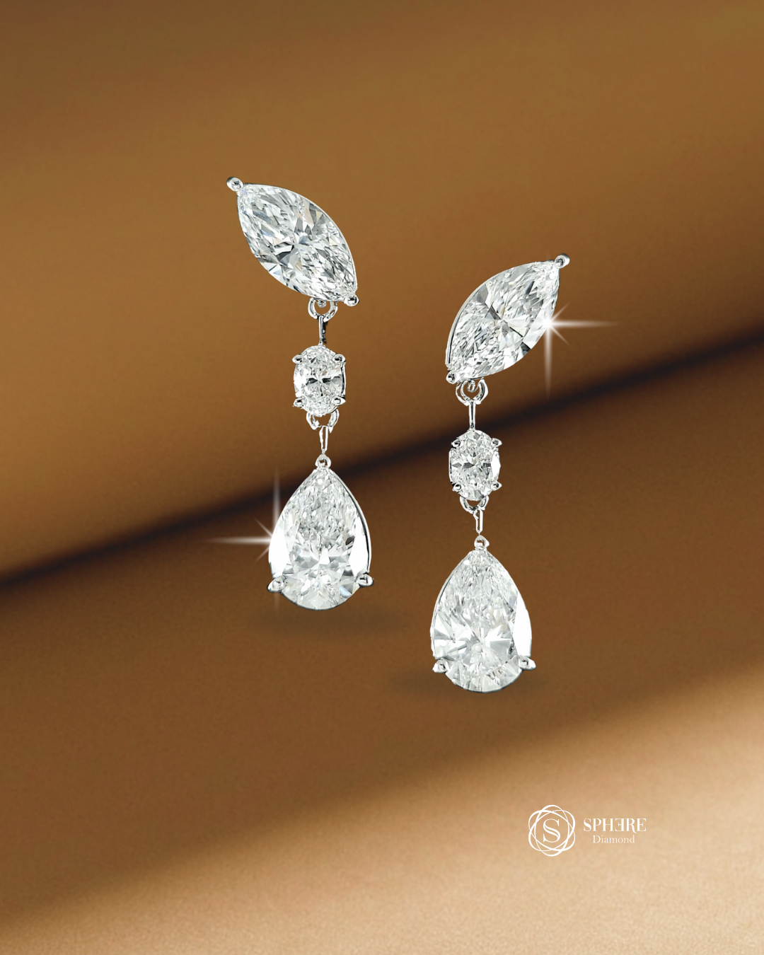 Marquise Oval and Pear lab grown diamond drop earrings in Bangkok by Sphere Diamond