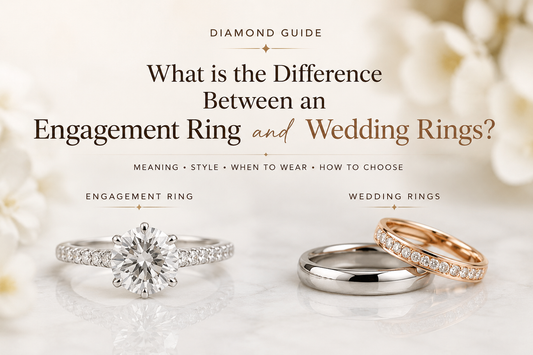 Difference between an engagement ring and a wedding ring shown side by side by Sphere Diamond.