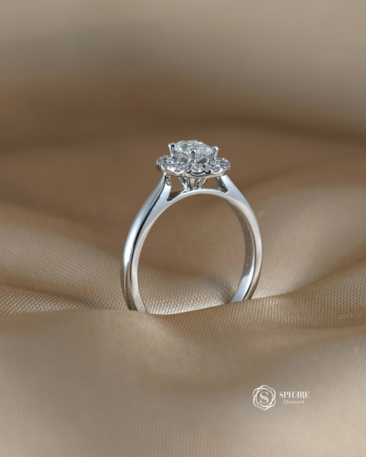 Oval Diamond Halo Ring With Plain Band