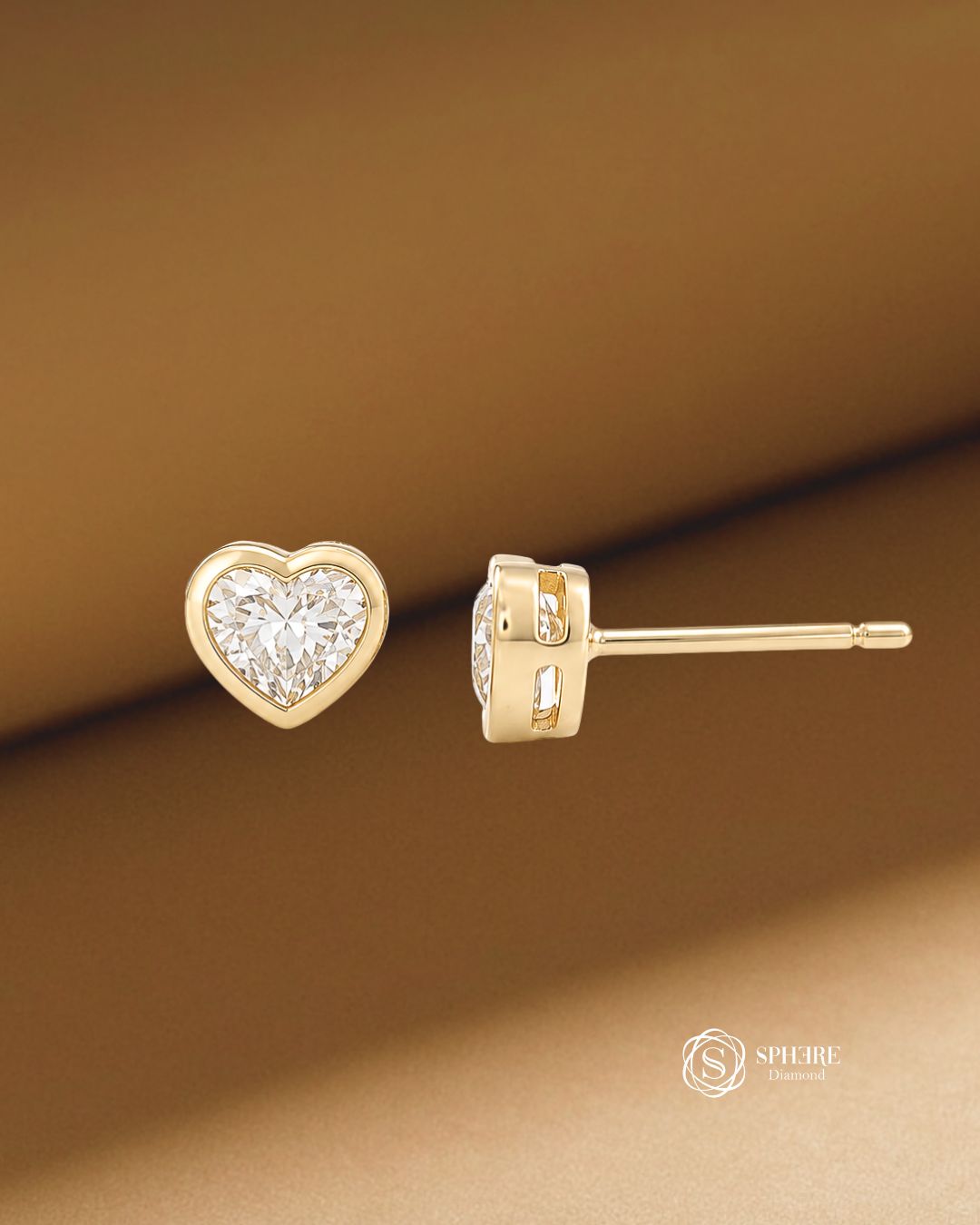 Amour Heart Lab Grown Diamond Bezel Stud Earrings in Yellow Gold by Sphere Diamond Bangkok Thailand