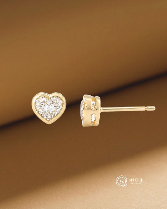 Amour Heart Lab Grown Diamond Bezel Stud Earrings in Yellow Gold by Sphere Diamond Bangkok Thailand