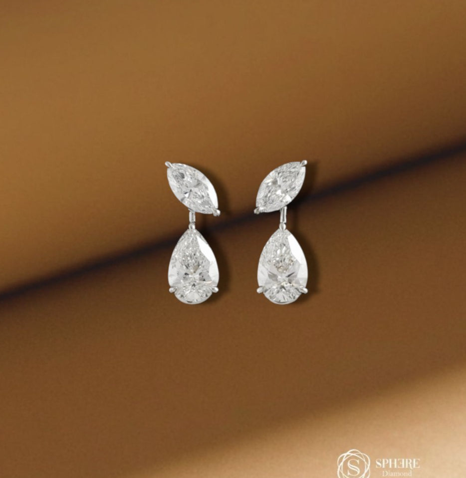 Marquise and pear lab grown diamond drop earrings in white metal setting, elegant two stone diamond earrings by Sphere Diamond Bangkok