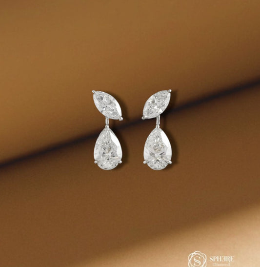 Marquise and pear lab grown diamond drop earrings in white metal setting, elegant two stone diamond earrings by Sphere Diamond Bangkok