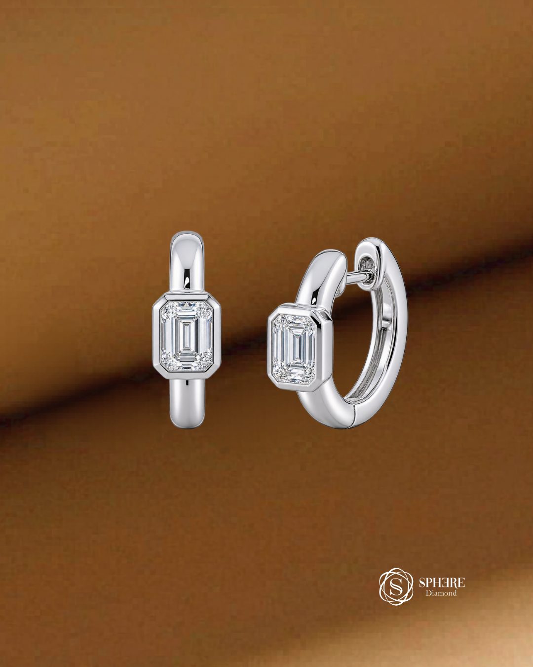 Élan Emerald Cut Lab Grown Diamond Huggie Hoop Earrings in White Gold Sphere Diamond Bangkok