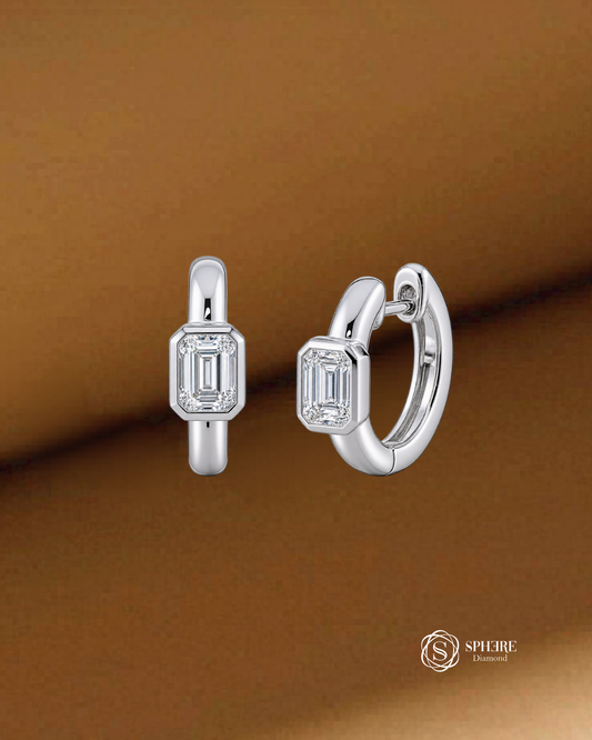 Élan Emerald Cut Lab Grown Diamond Huggie Hoop Earrings in White Gold Sphere Diamond Bangkok