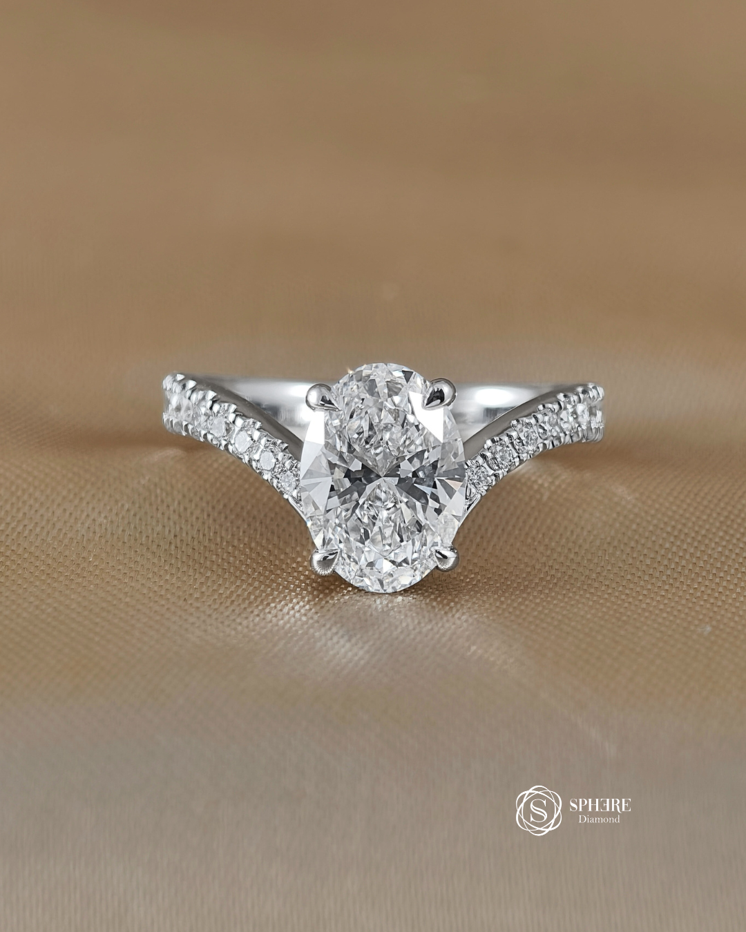Oval Diamond Ring with Curved Pave Band in White Gold
