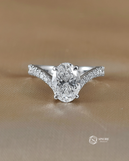 Oval Diamond Ring with Curved Pave Band in White Gold