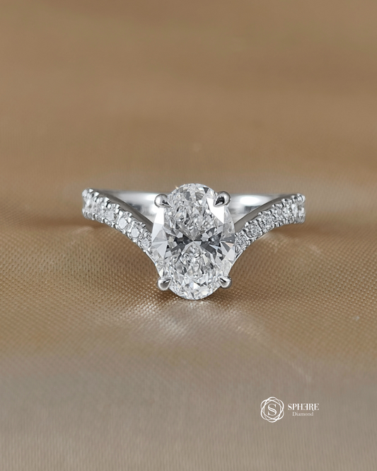 Oval Diamond Ring with Curved Pave Band in White Gold