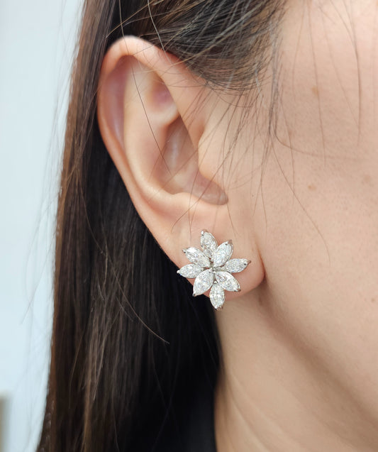 Flower-shaped diamond earrings on ear