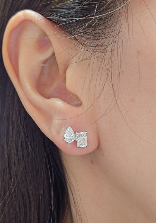 Toi et Moi Pear &amp; Princess Lab Grown Diamond Stud Earrings on ear