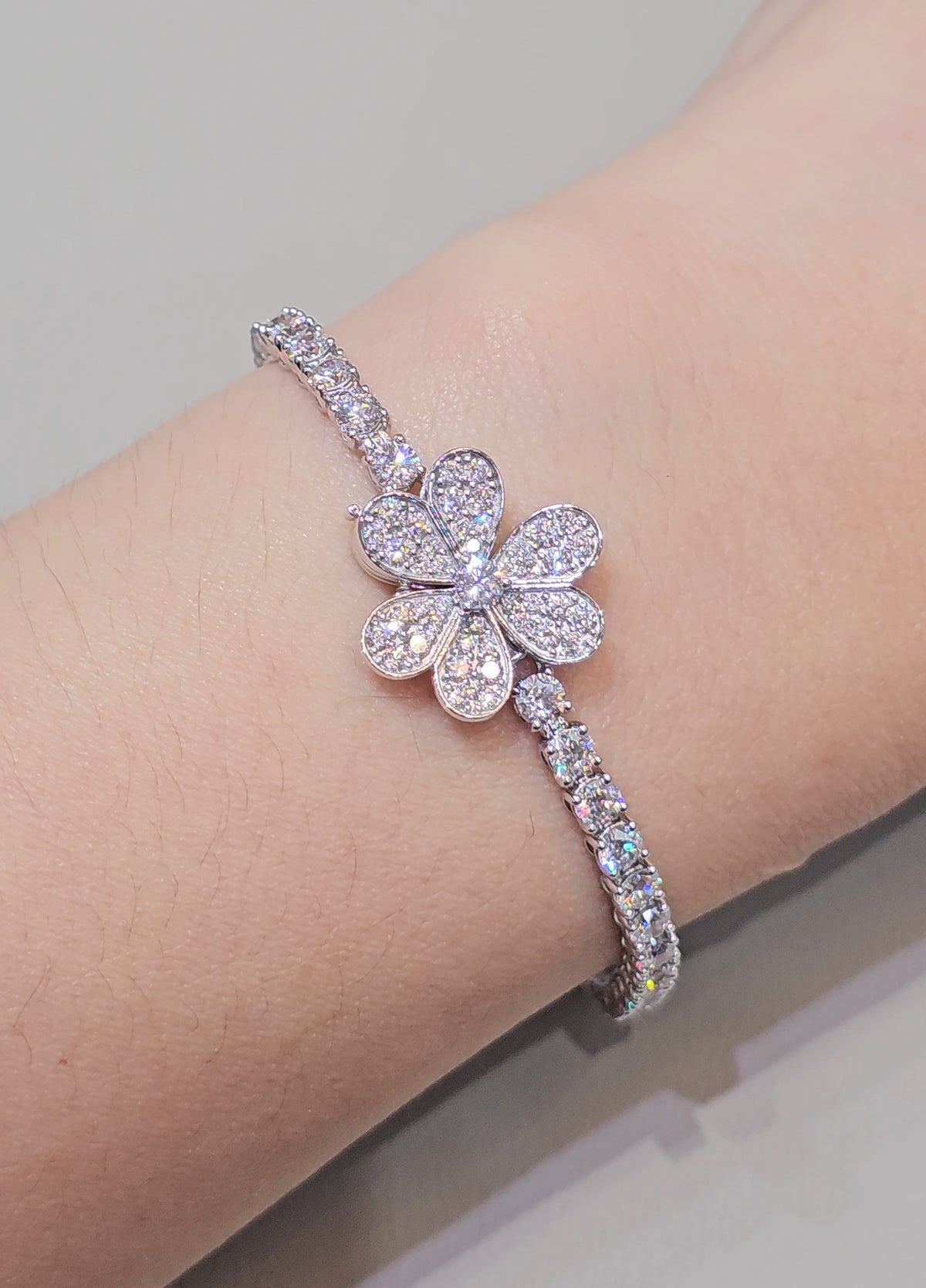 Floral Lab Grown Diamond Bracelet with Pavé Diamond Flower Centerpiece