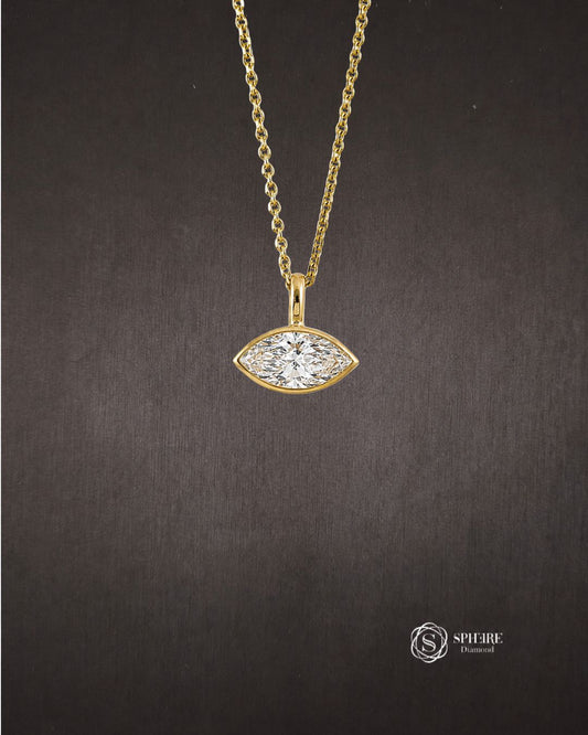 Marquise Cut Lab Grown Diamond Yellow Gold Bezel Pendant Necklace by Sphere Diamond Bangkok