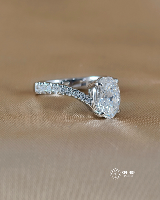 Oval Diamond Ring with Curved Pave Band in White Gold