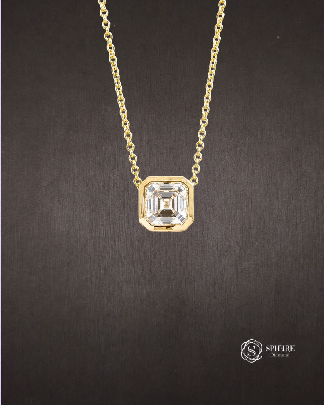 Asscher Cut Lab Grown Diamond Bezel Pendant in Yellow Gold Bangkok Thailand