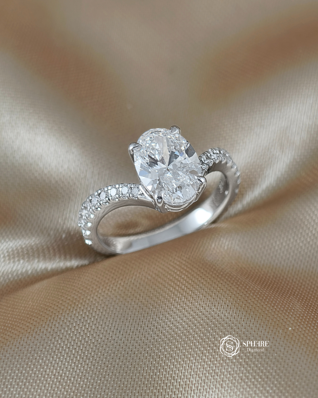 Oval Diamond Ring with Curved Pave Band in White Gold